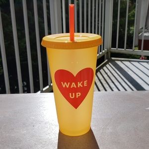 Starbucks Wake Up Heart Graphic Cold Cup 24 oz NEW Yellow Red